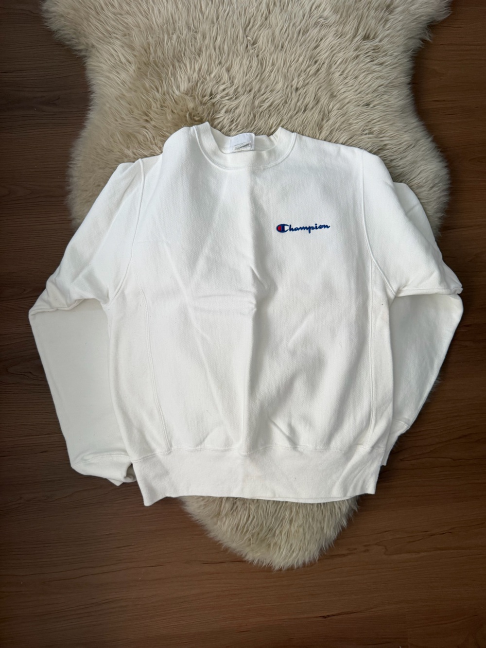 Champion White Crew Sweatshirt with Blue & Red Script Logo